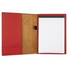 Open view of 7 x 9 canvas portfolio showing lined notepad, red leatherette angled card pocket, and elastic pen loop.