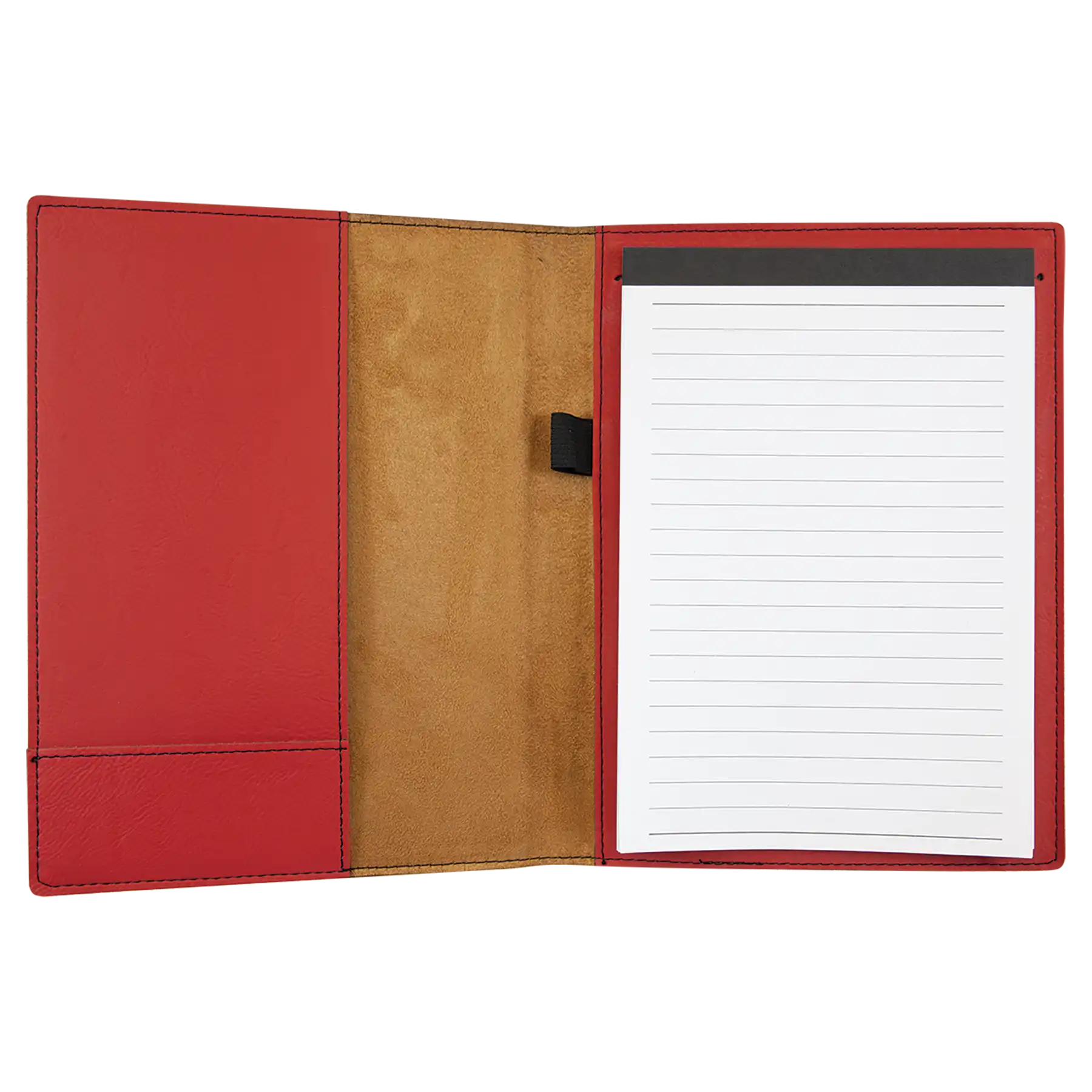 Open view of 7 x 9 canvas portfolio showing lined notepad, red leatherette angled card pocket, and elastic pen loop.