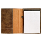 Open view of 7 x 9 canvas portfolio showing lined notepad, rustic leatherette angled card pocket, and elastic pen loop.