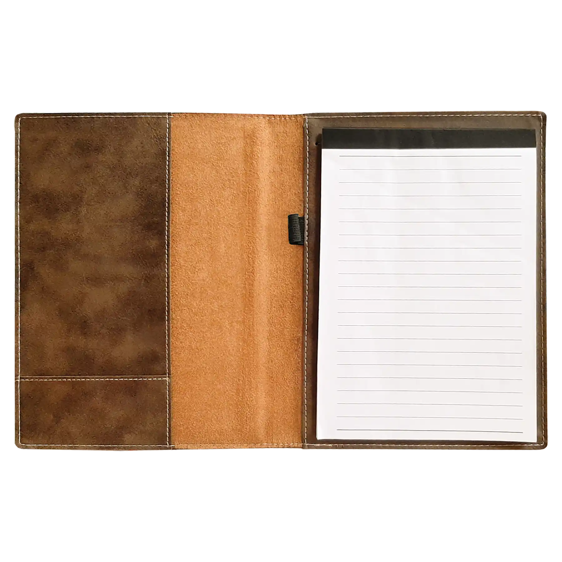 Open view of 7 x 9 canvas portfolio showing lined notepad, rustic leatherette angled card pocket, and elastic pen loop.