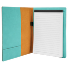 Open view of 7 x 9 canvas portfolio showing lined notepad, teal leatherette angled card pocket, and elastic pen loop.