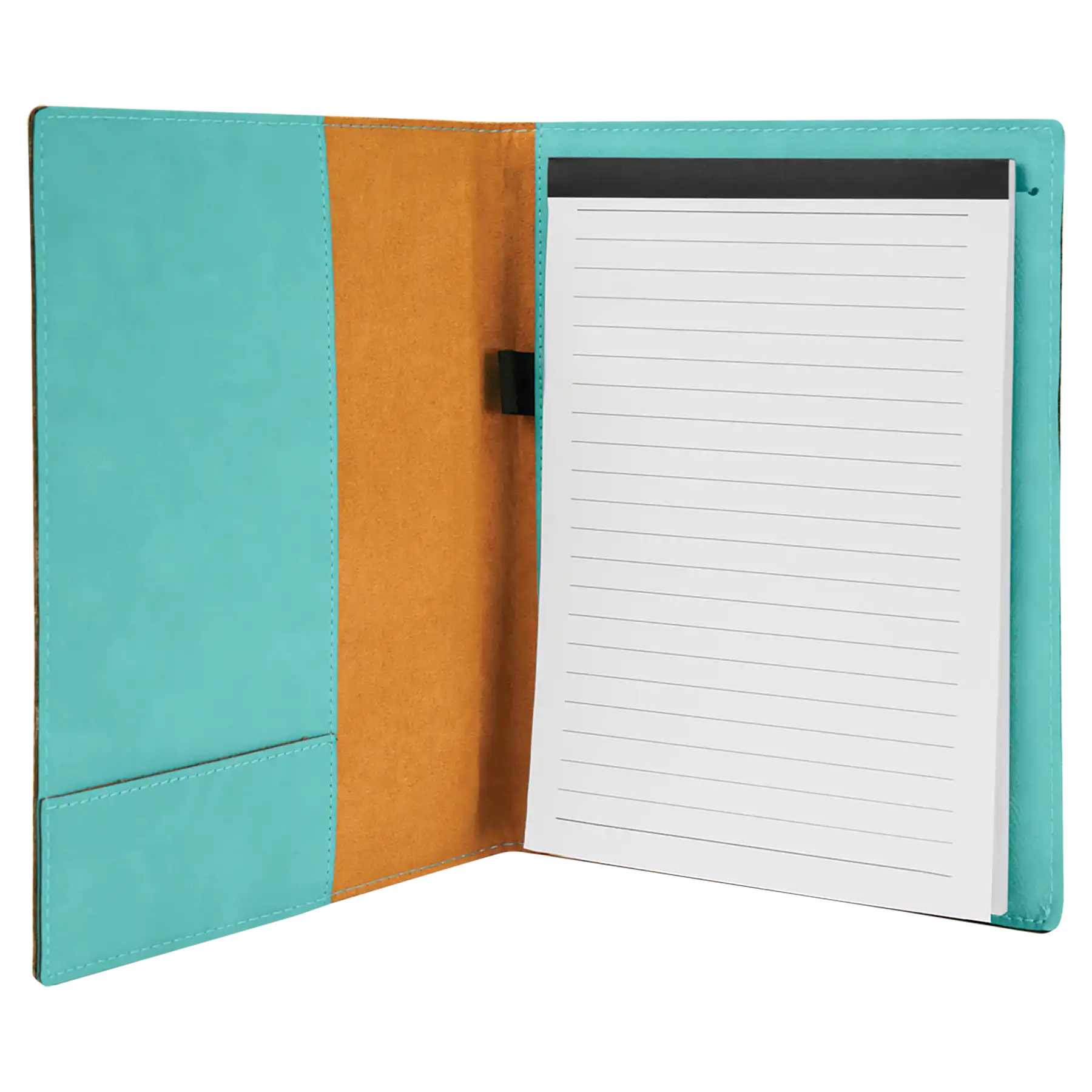 Open view of 7 x 9 canvas portfolio showing lined notepad, teal leatherette angled card pocket, and elastic pen loop.