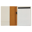 Open view of 7 x 9 canvas portfolio showing lined notepad, white leatherette angled card pocket, and elastic pen loop.