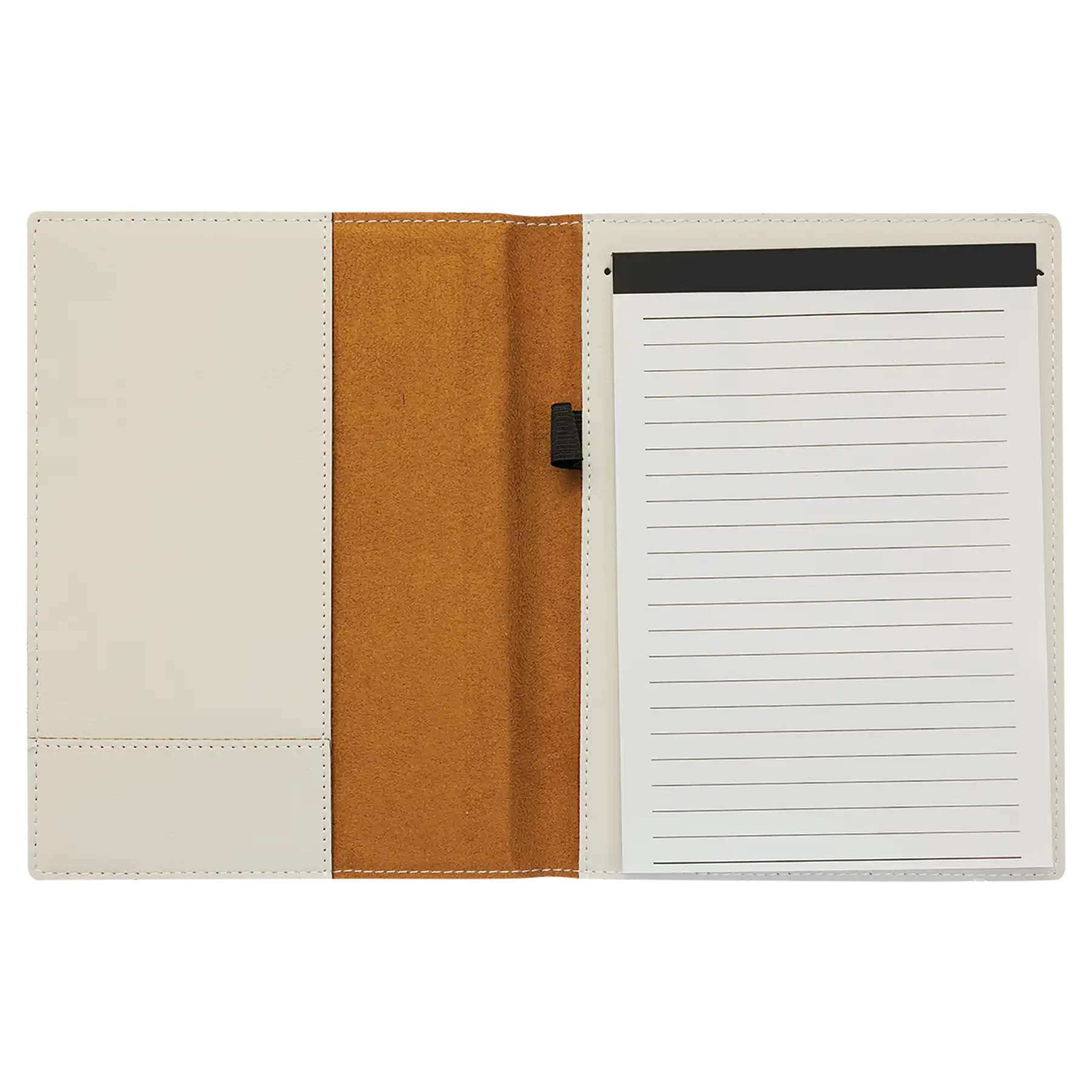 Open view of 7 x 9 canvas portfolio showing lined notepad, white leatherette angled card pocket, and elastic pen loop.