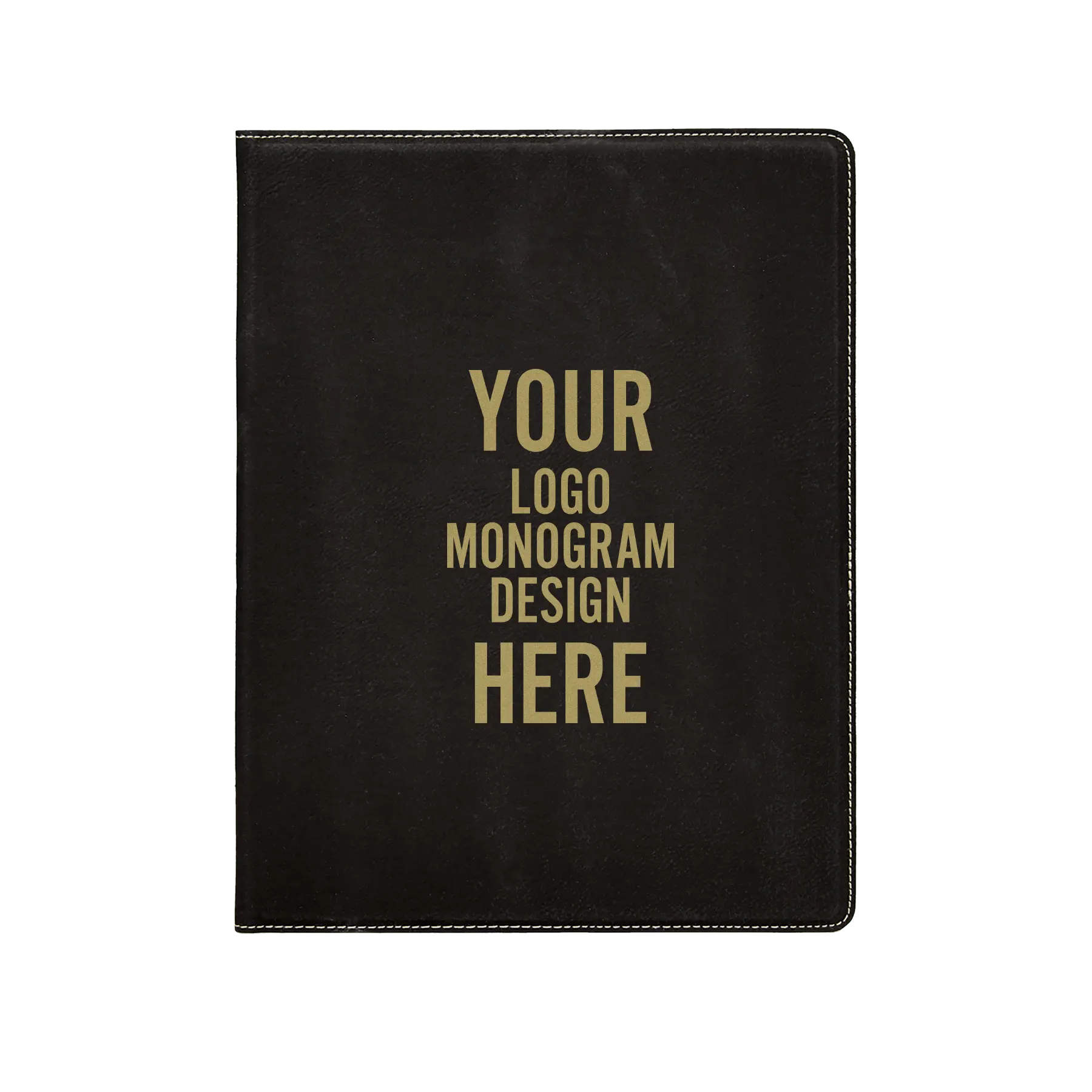 Personalized 7 x 9 canvas and leatherette portfolio with black/gold leatherette panel, custom laser engraved with logo, monogram, or design.