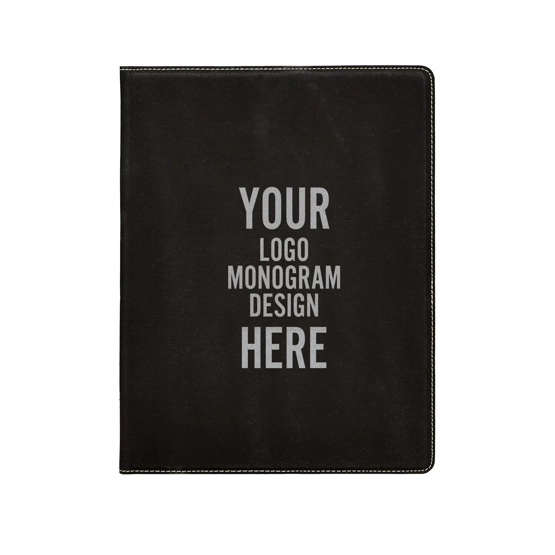 Personalized 7 x 9 canvas and leatherette portfolio with black/silver leatherette panel, custom laser engraved with logo, monogram, or design.