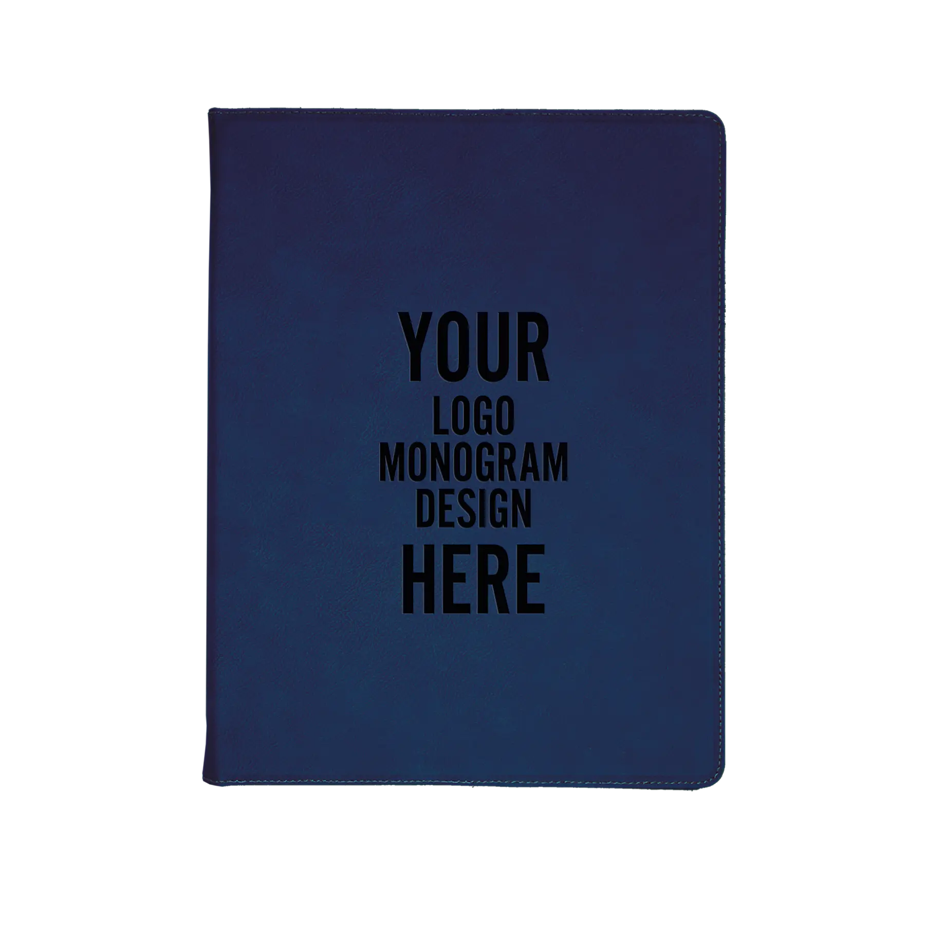 Personalized 7 x 9 canvas and leatherette portfolio with blue/black leatherette panel, custom laser engraved with logo, monogram, or design.