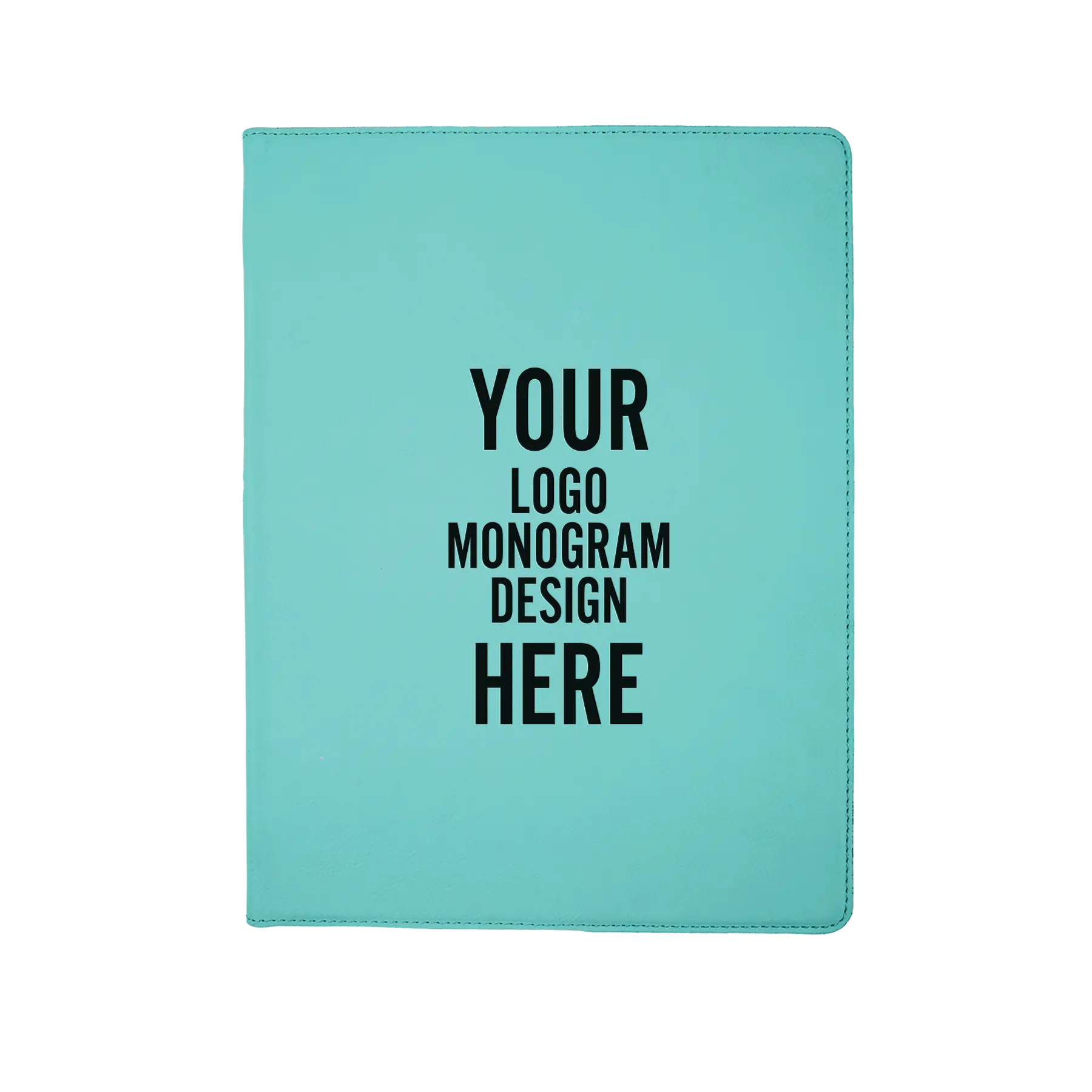 Personalized 7 x 9 canvas and leatherette portfolio with teal leatherette panel, custom laser engraved with logo, monogram, or design.
