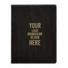 Personalized 7 x 9 canvas and leatherette portfolio with black/gold leatherette panel, custom laser engraved with logo, monogram, or design.