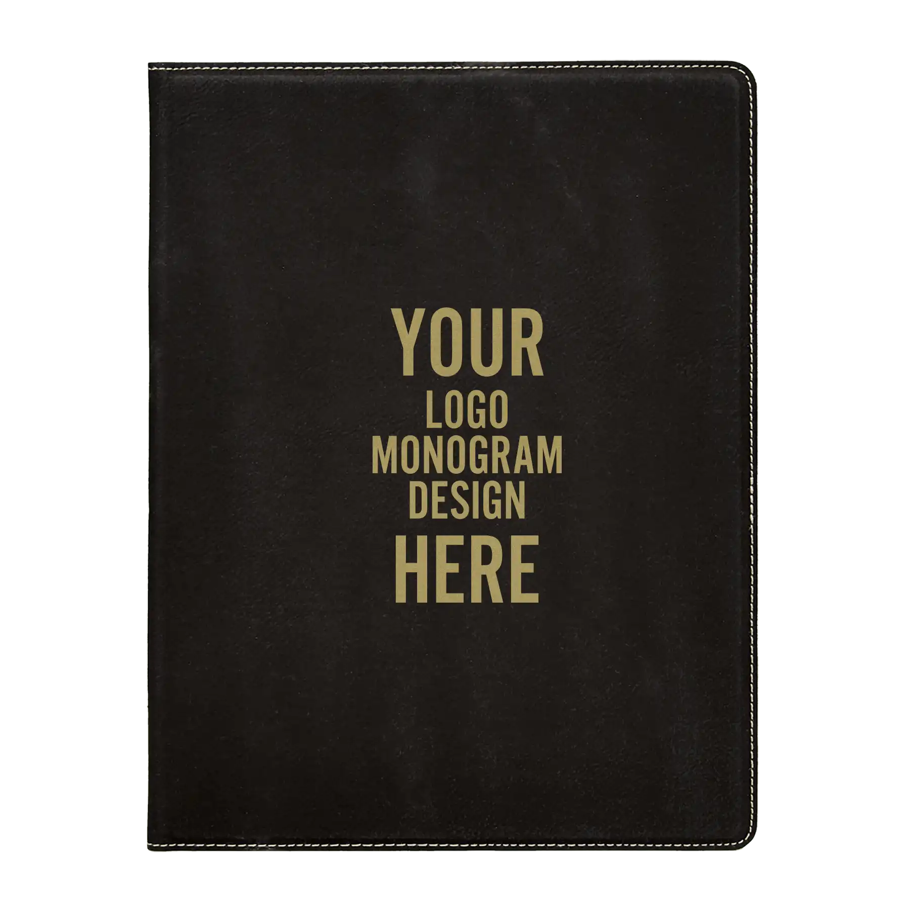 Personalized 7 x 9 canvas and leatherette portfolio with black/gold leatherette panel, custom laser engraved with logo, monogram, or design.