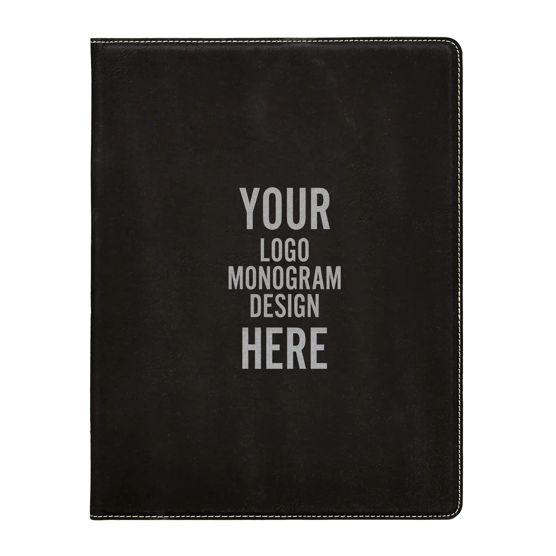 Personalized 7 x 9 canvas and leatherette portfolio with black/silver leatherette panel, custom laser engraved with logo, monogram, or design.