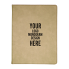 Personalized 7 x 9 canvas and leatherette portfolio with light brown leatherette panel, custom laser engraved with logo, monogram, or design.