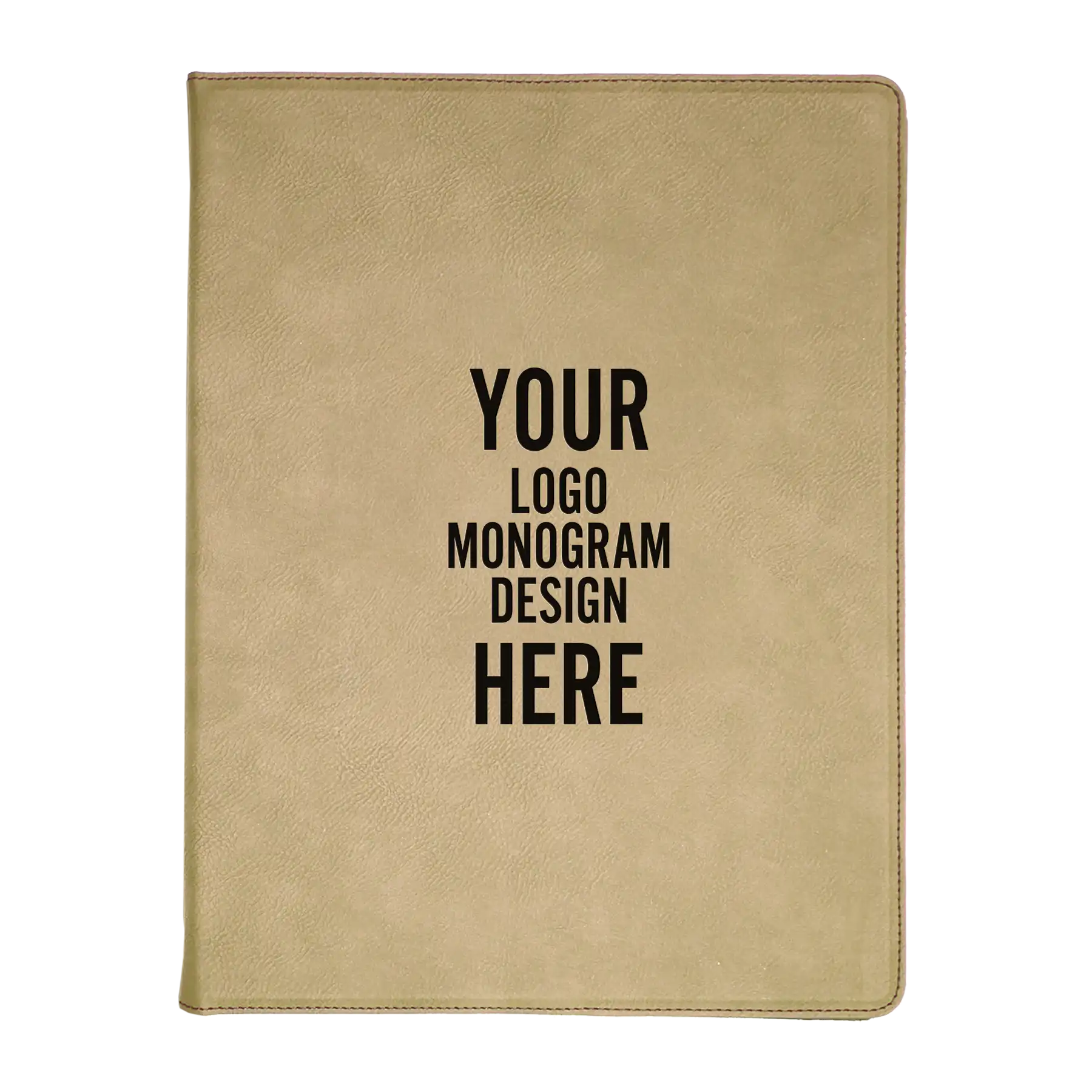 Personalized 7 x 9 canvas and leatherette portfolio with light brown leatherette panel, custom laser engraved with logo, monogram, or design.