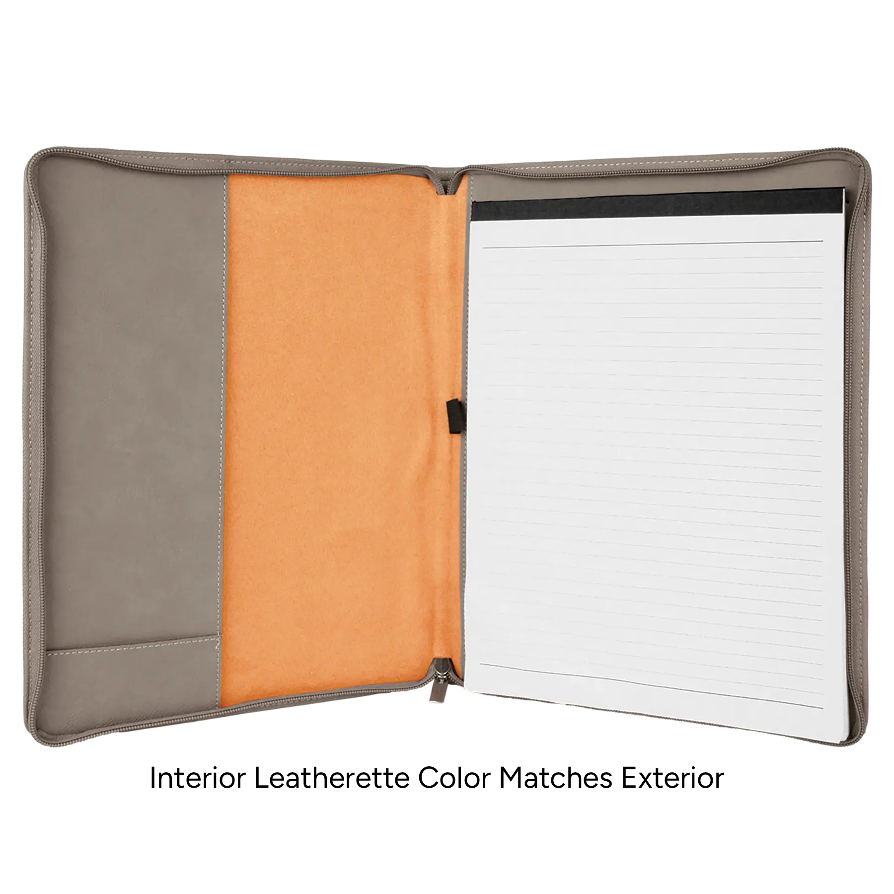 Open view of 7 x 9 canvas portfolio showing lined notepad leatherette angled card pocket, and elastic pen loop