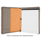 Open view of 7 x 9 canvas portfolio showing lined notepad leatherette angled card pocket, and elastic pen loop