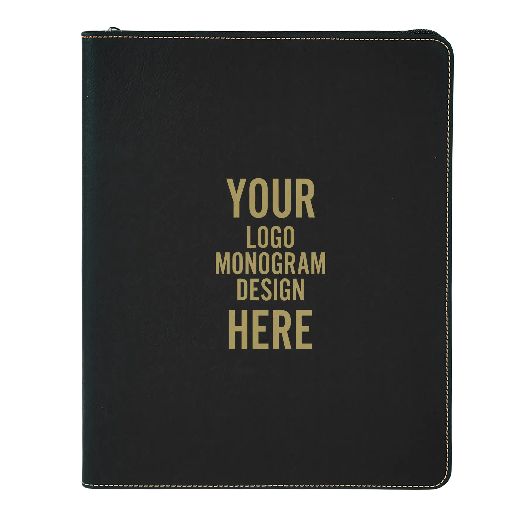 Personalized 7 x 9 canvas and leatherette portfolio with black/gold leatherette panel, custom laser engraved with logo, monogram, or design.
