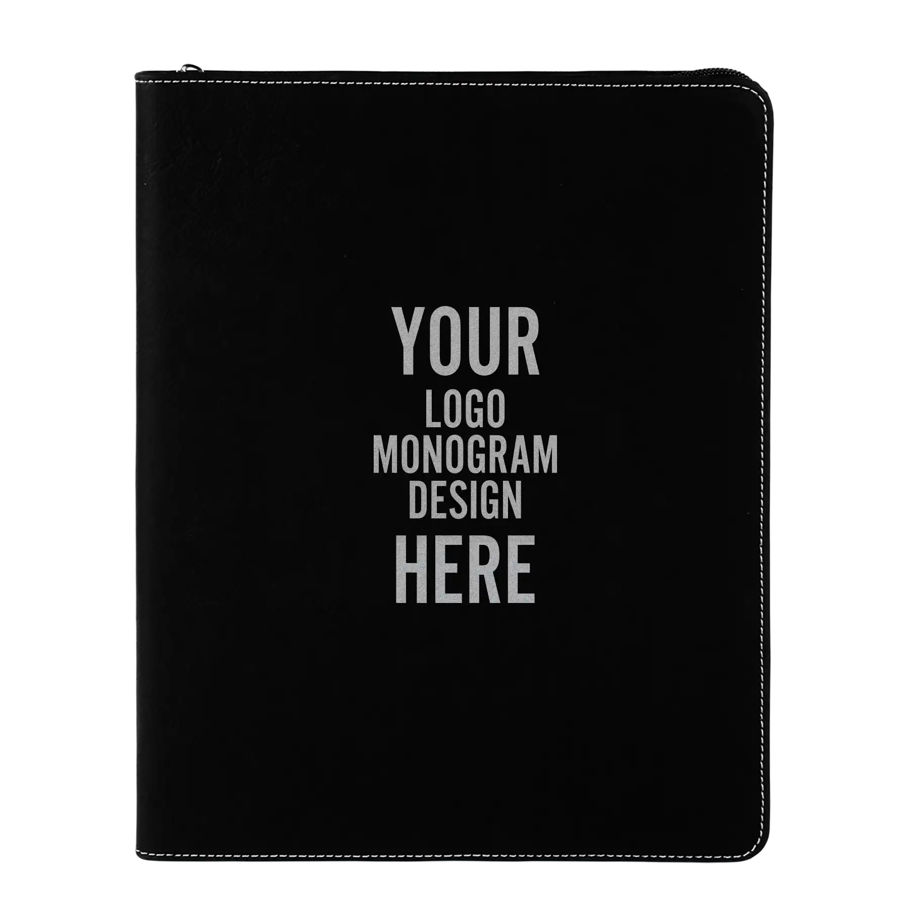 Personalized 7 x 9 canvas and leatherette portfolio with black/silver leatherette panel, custom laser engraved with logo, monogram, or design.
