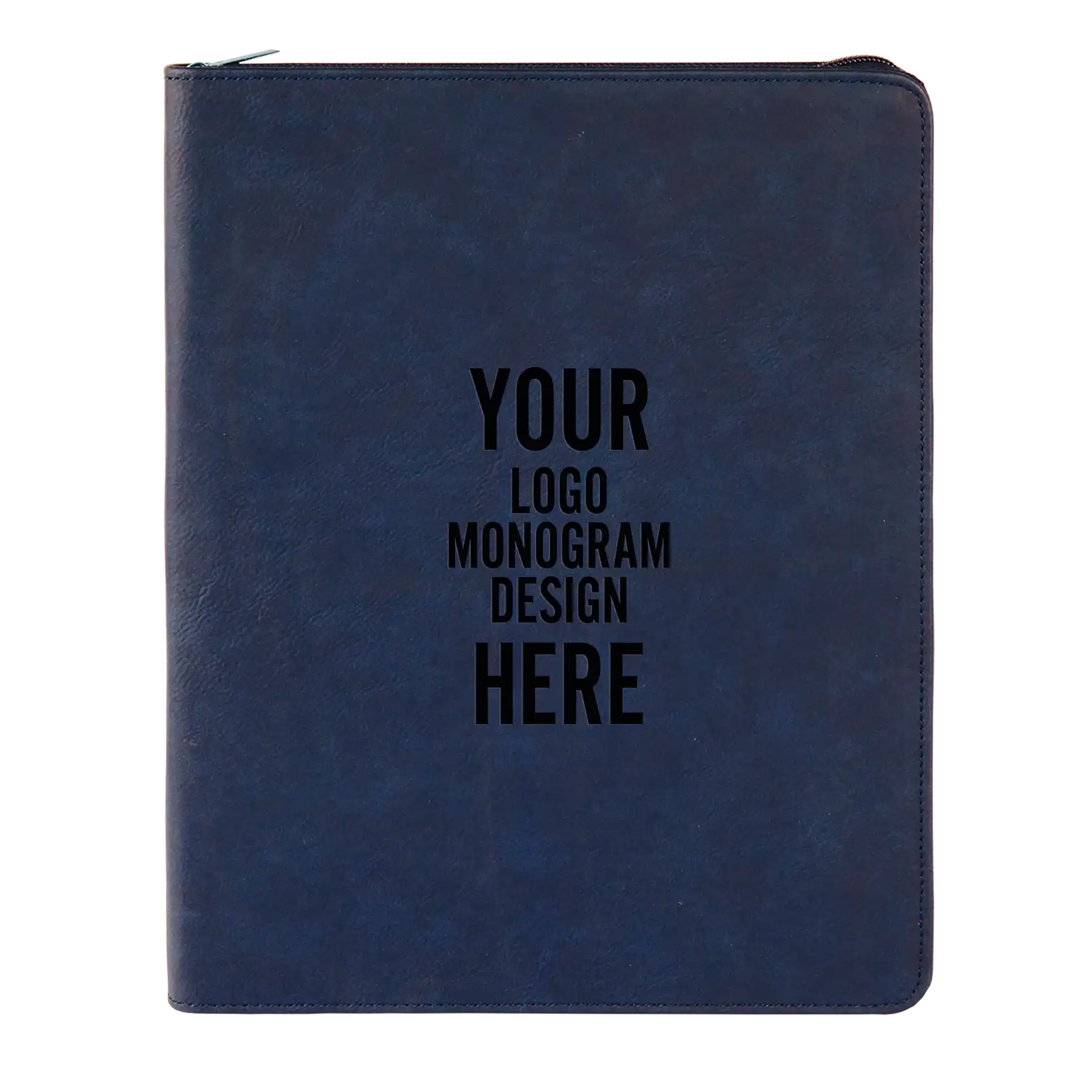 Personalized 7 x 9 canvas and leatherette portfolio with blue/black leatherette panel, custom laser engraved with logo, monogram, or design.