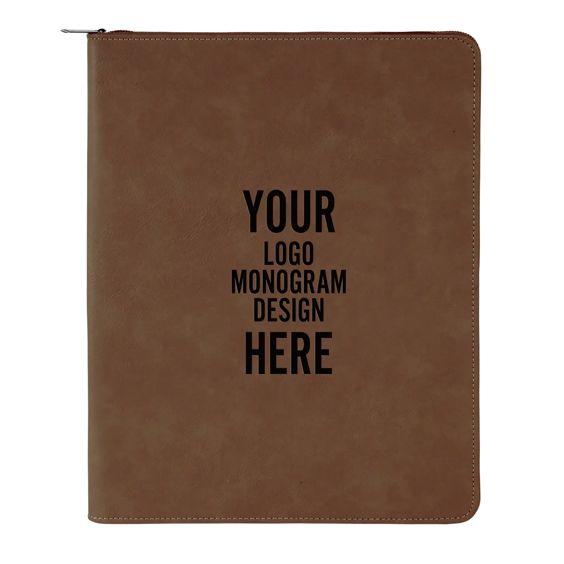 Personalized 7 x 9 canvas and leatherette portfolio with dark brown leatherette panel, custom laser engraved with logo, monogram, or design.