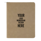 Personalized 7 x 9 canvas and leatherette portfolio with light brown leatherette panel, custom laser engraved with logo, monogram, or design.