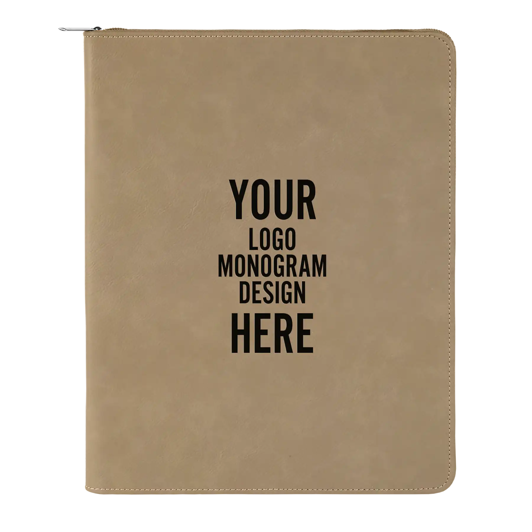 Personalized 7 x 9 canvas and leatherette portfolio with light brown leatherette panel, custom laser engraved with logo, monogram, or design.