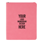 Personalized 7 x 9 canvas and leatherette portfolio with pink leatherette panel, custom laser engraved with logo, monogram, or design.