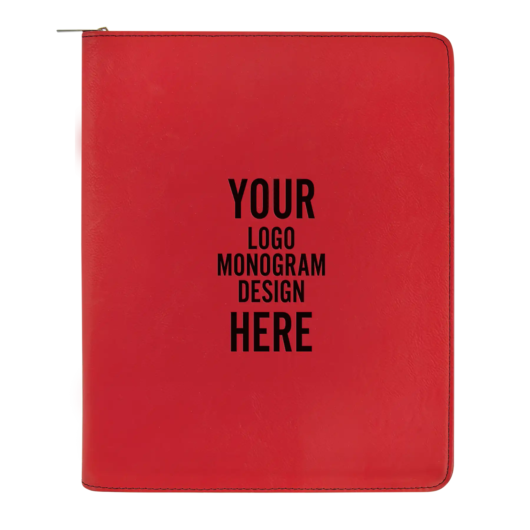 Personalized 7 x 9 canvas and leatherette portfolio with red leatherette panel, custom laser engraved with logo, monogram, or design.