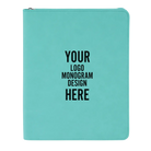 Personalized 7 x 9 canvas and leatherette portfolio with teal leatherette panel, custom laser engraved with logo, monogram, or design.