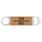 Personalized bamboo leatherette bottle opener with etched logo, monogram, or design