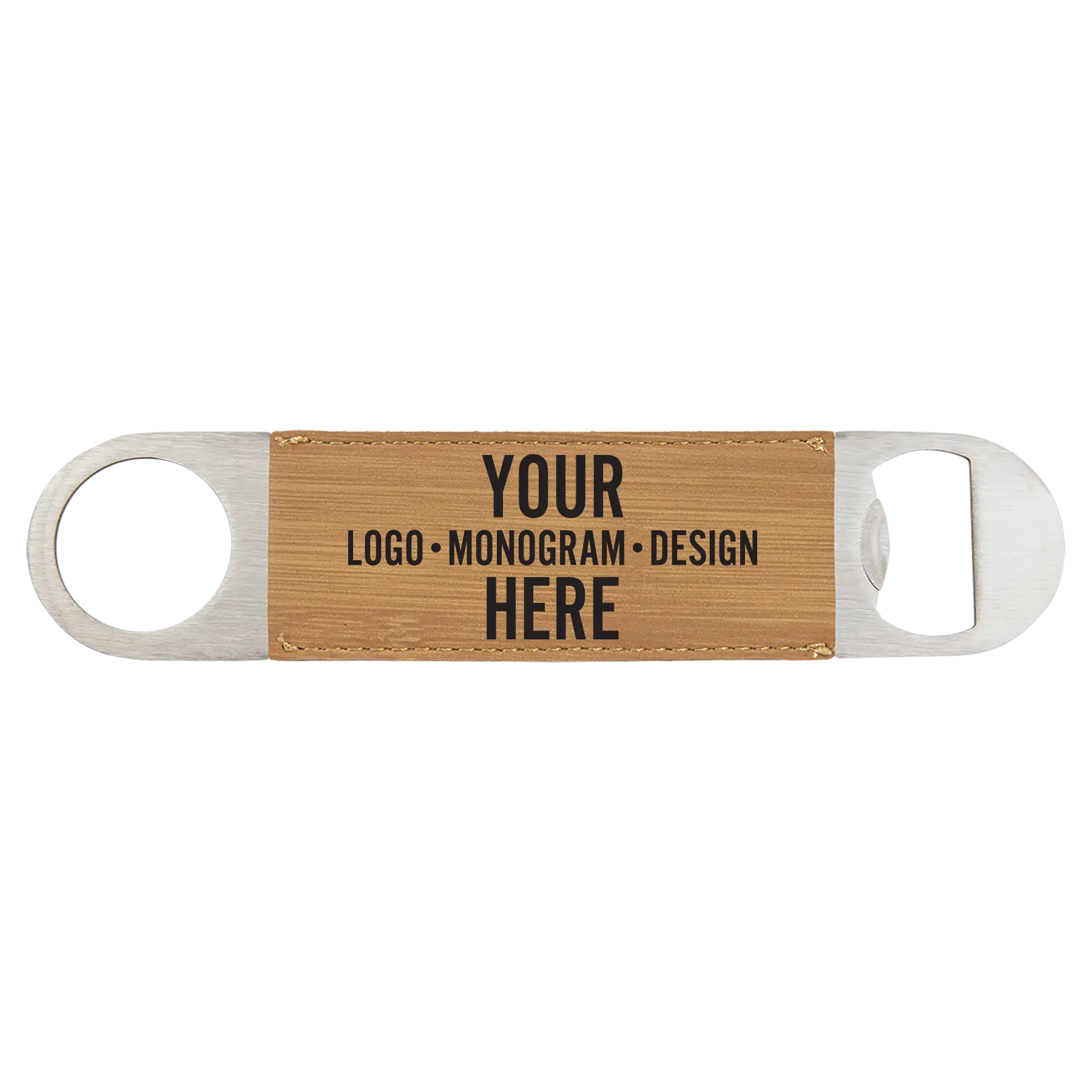 Personalized bamboo leatherette bottle opener with etched logo, monogram, or design