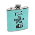 Custom laser etched teal 6 oz leatherette stainless steel flask etched with your logo, monogram, or design