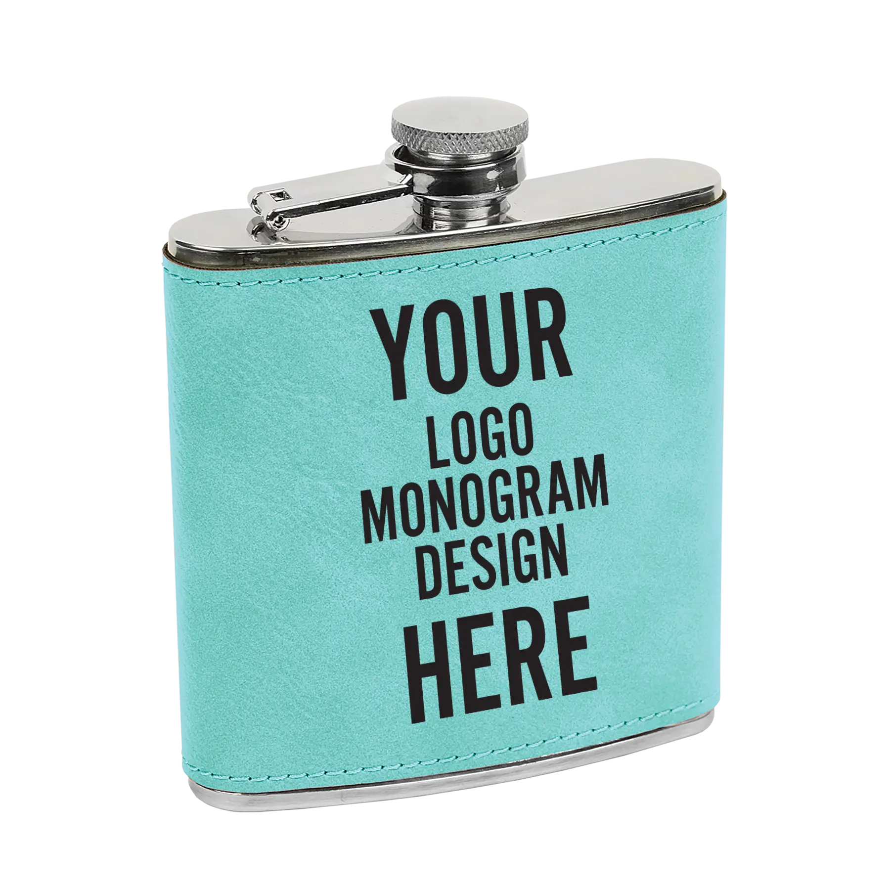 Custom laser etched teal 6 oz leatherette stainless steel flask etched with your logo, monogram, or design