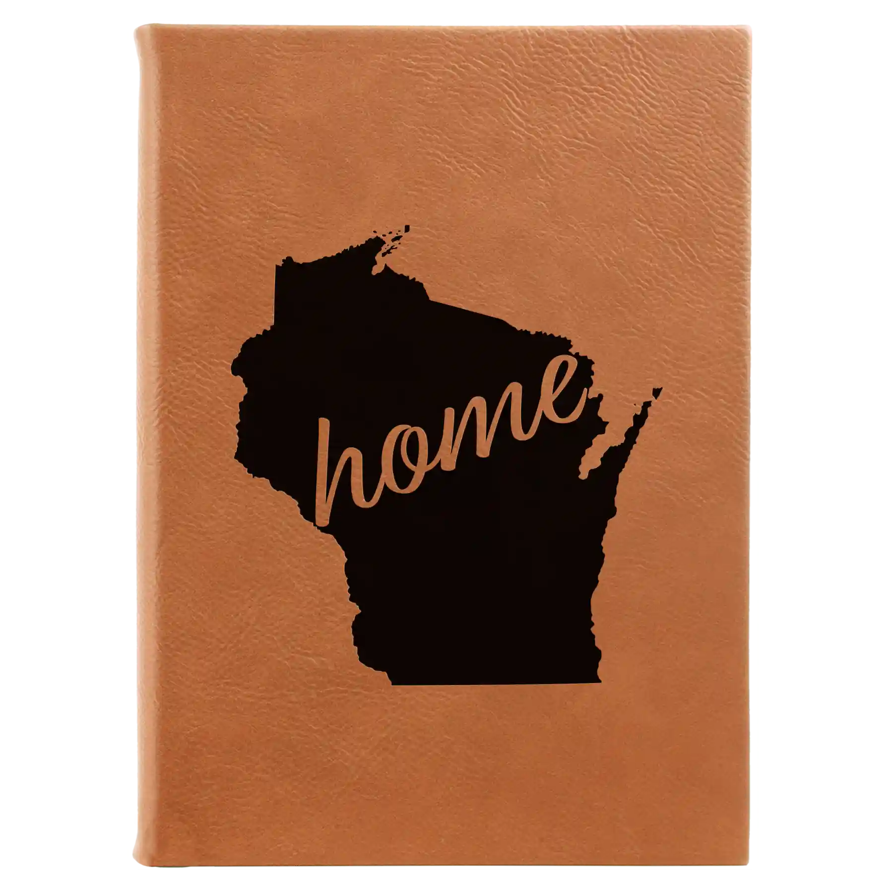 Large rawhide leatherette journal laser etched with 'Wisconsin Home' design