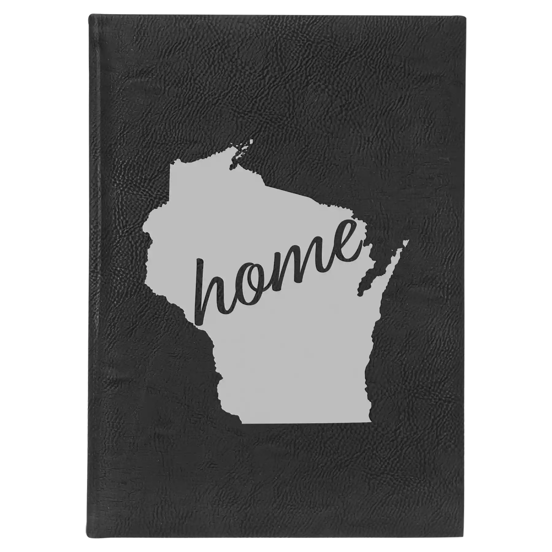 Large black/silver leatherette journal laser etched with 'Wisconsin Home' design