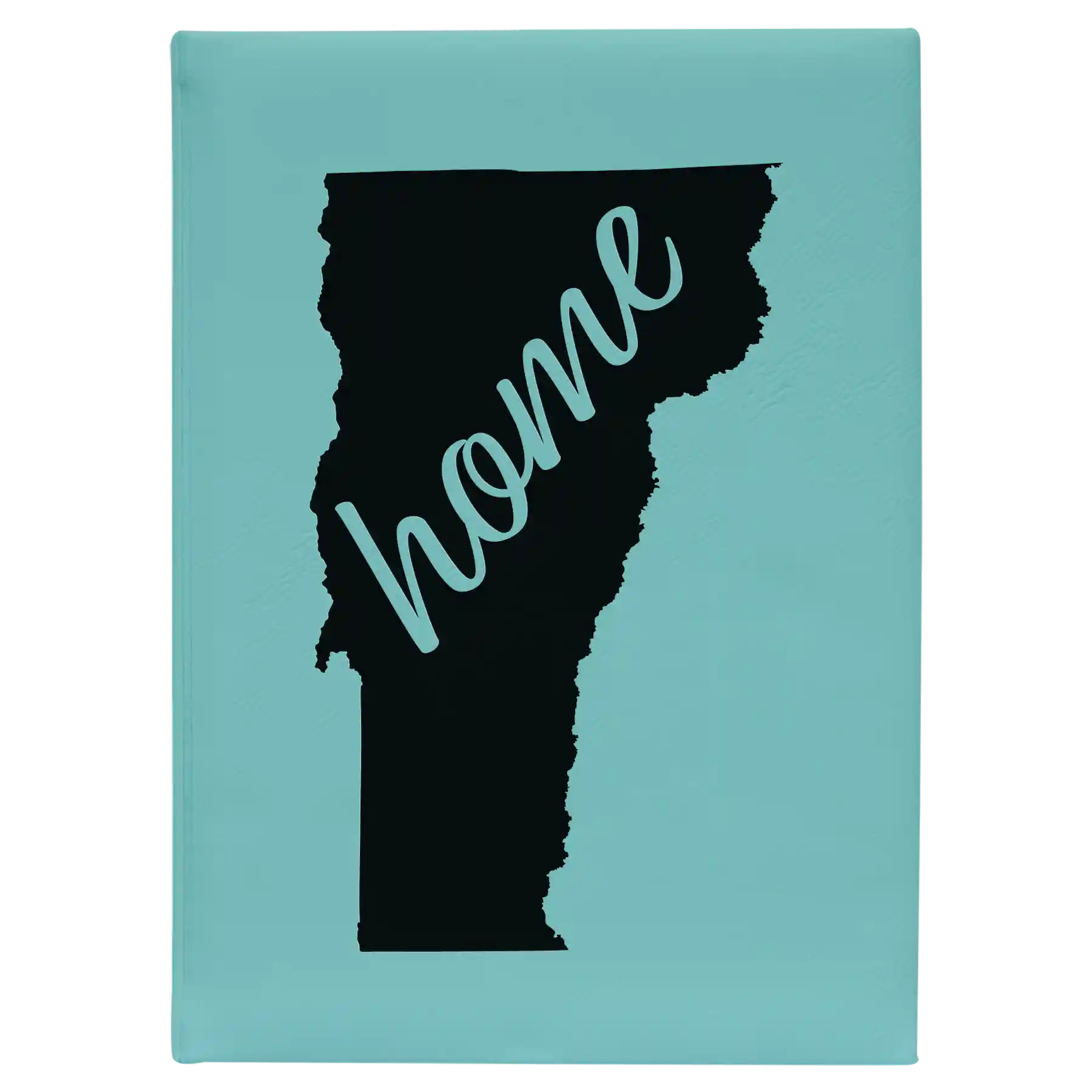 Large teal leatherette sketch book laser etched with 'Vermont Home' design