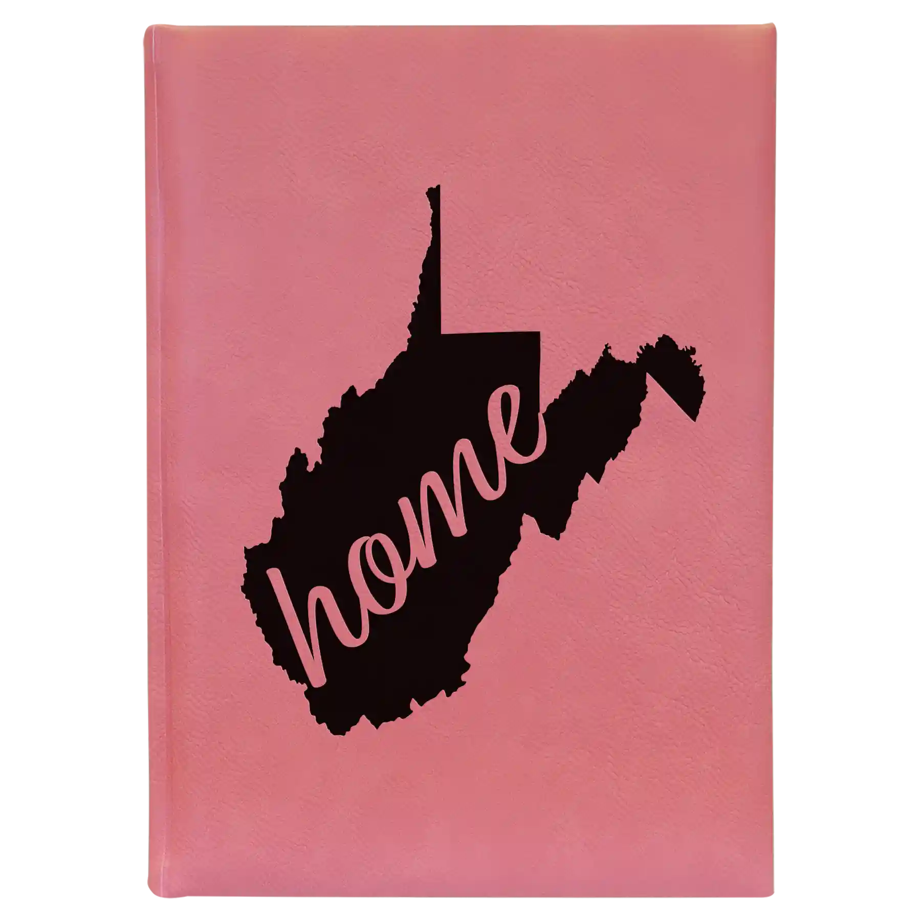 Large pink leatherette sketch book laser etched with 'West Virginia Home' design