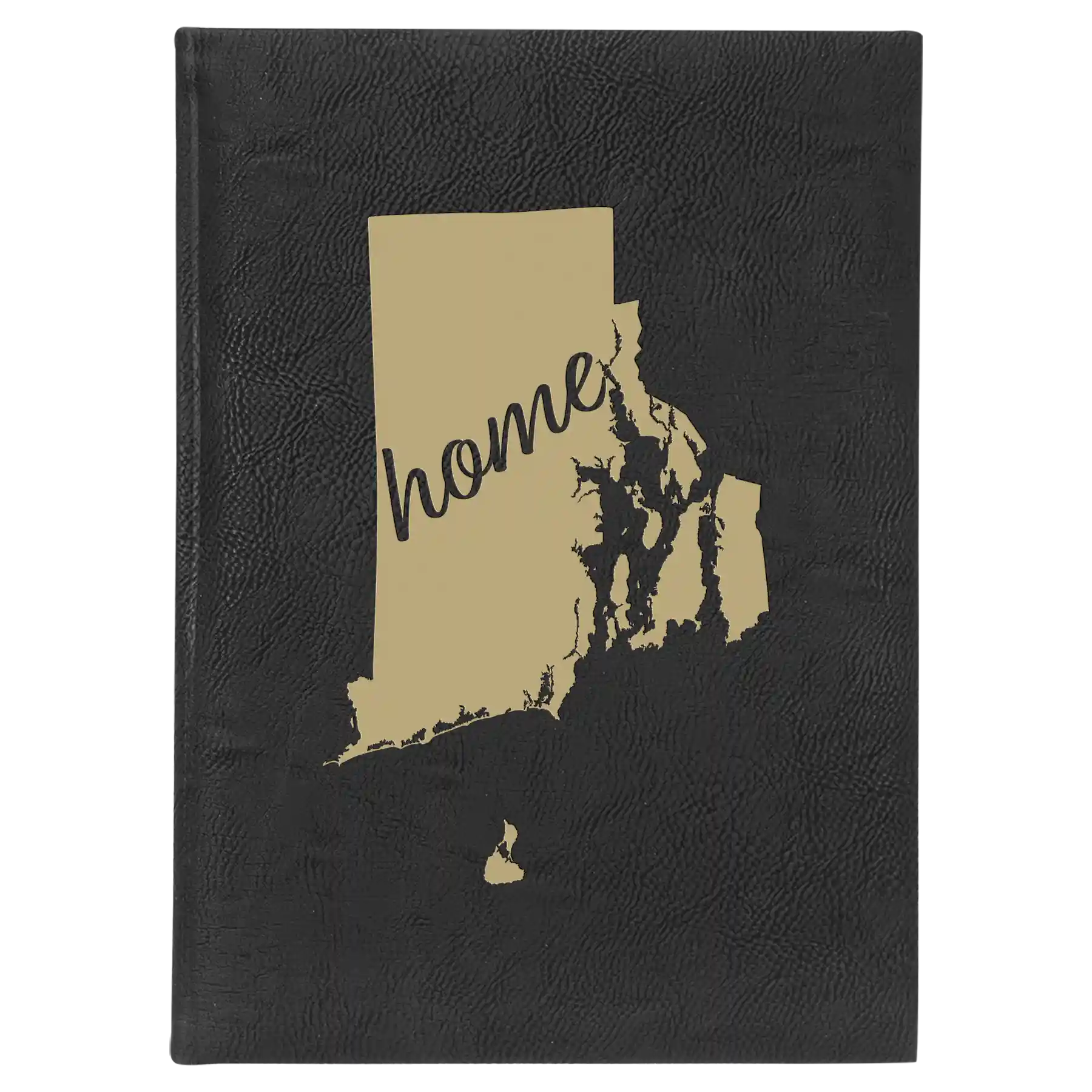Large black/gold leatherette sketch book laser etched with 'Rhode Island Home' design