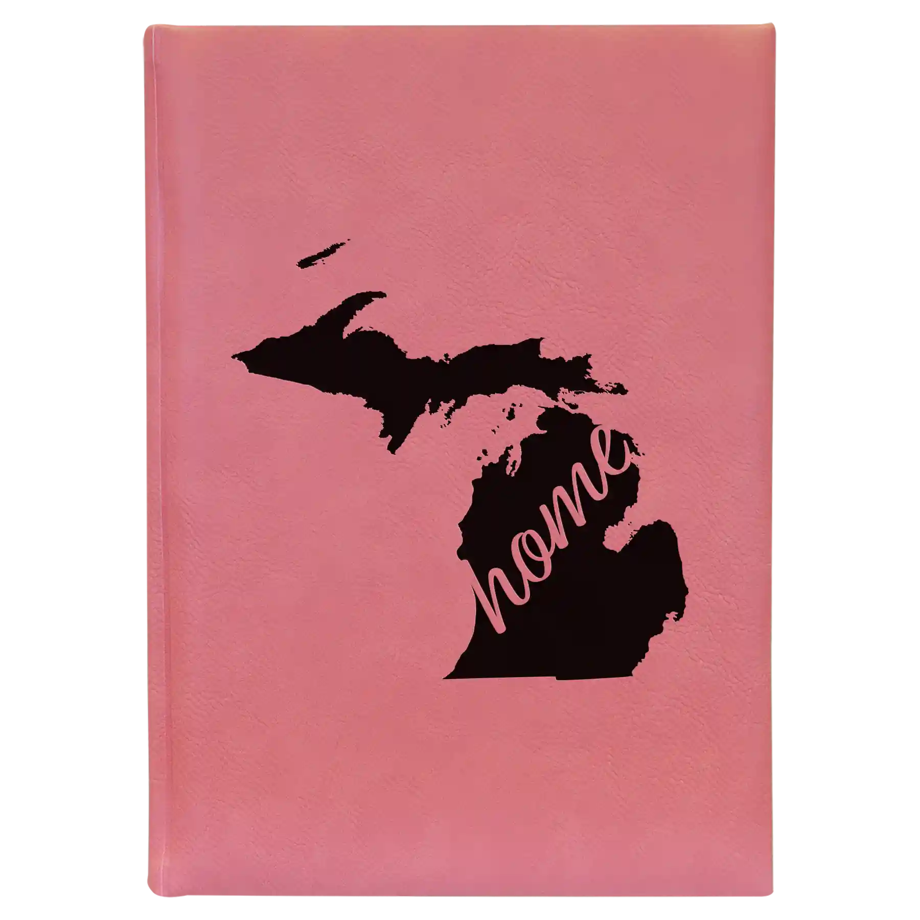 Large pink leatherette sketch book laser etched with 'Michigan Home' design