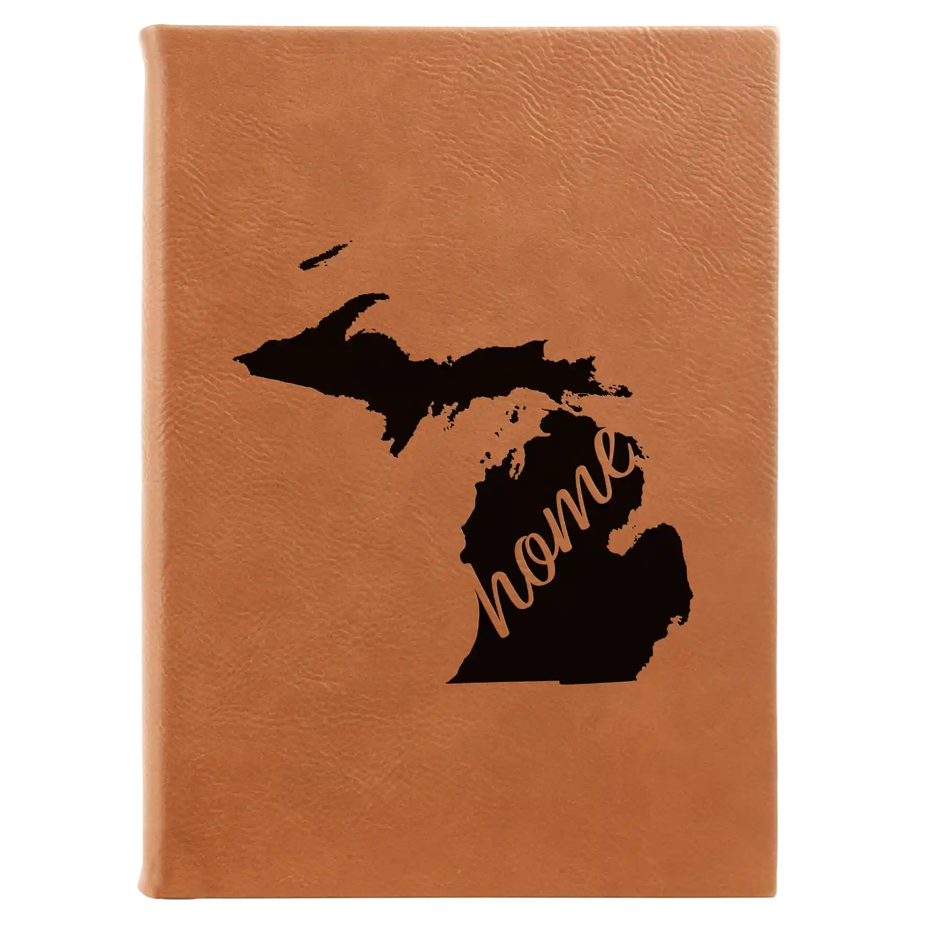Large rawhide leatherette sketch book laser etched with 'Michigan Home' design