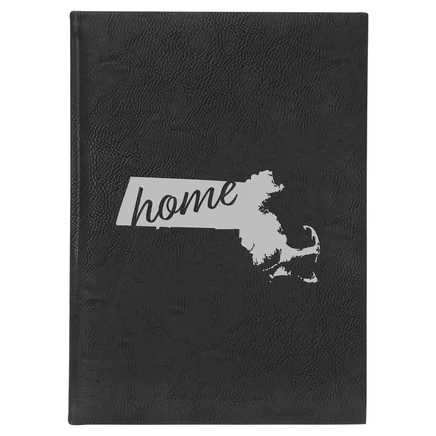 Large black/silver leatherette sketch book laser etched with 'Massachusetts Home' design