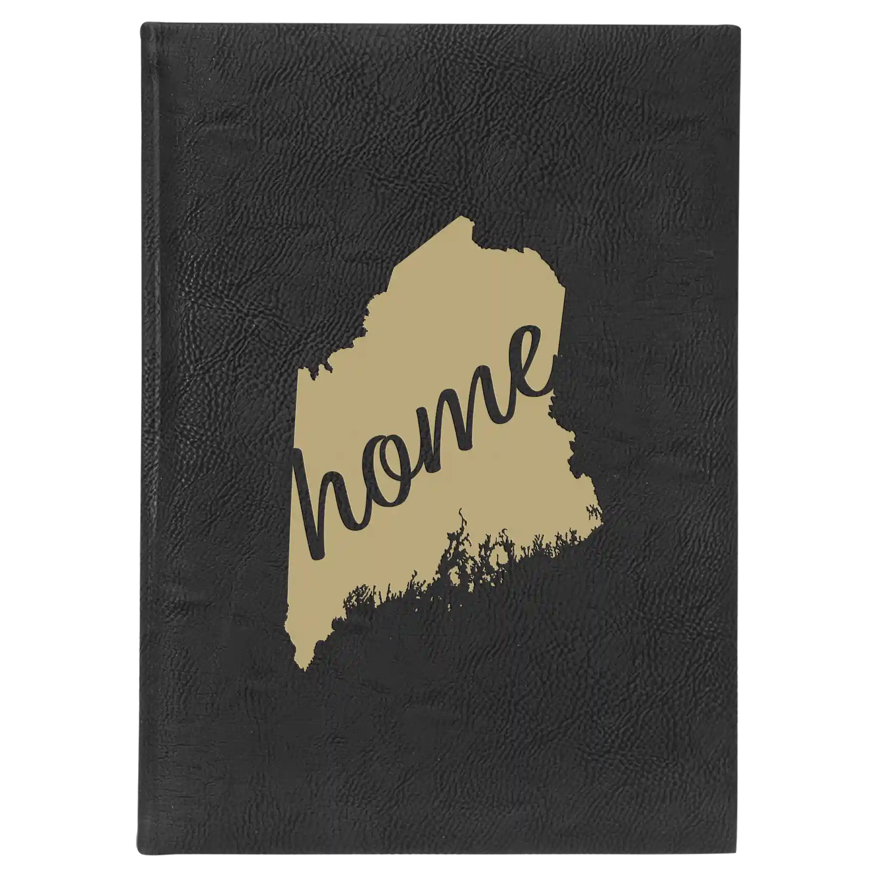 Large black/gold leatherette sketch book laser etched with 'Maine Home' design