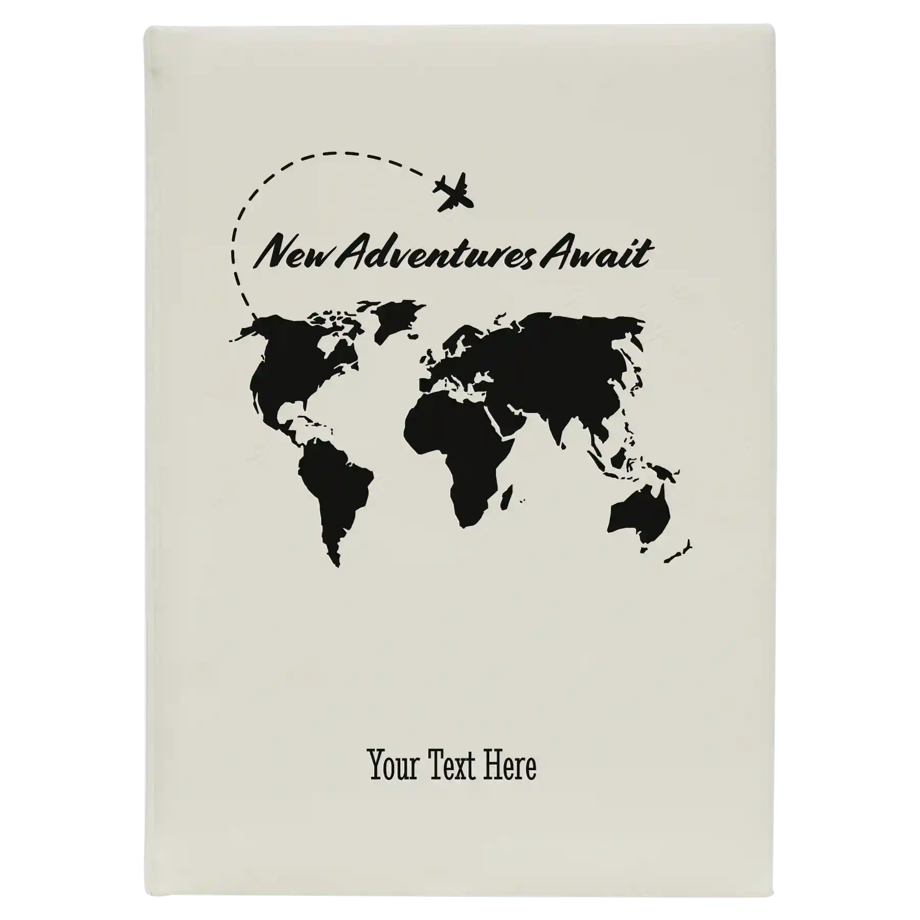 Large white leatherette sketch book laser etched with 'Adventure Travel Journal' design