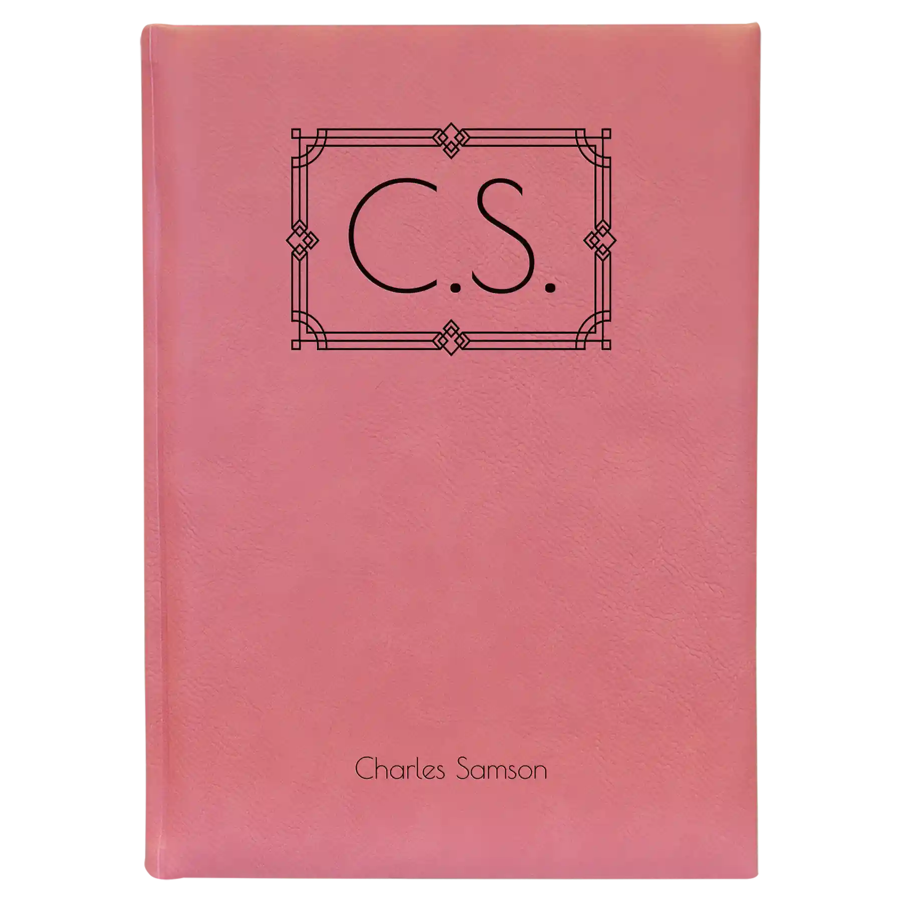 Large pink leatherette journal laser etched with 'Art Deco Initials' design