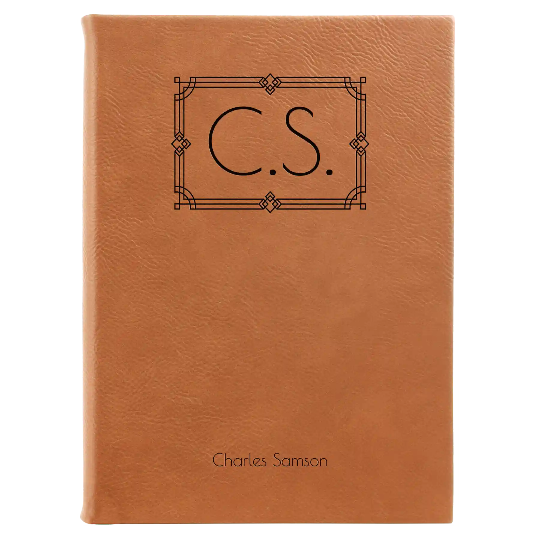 Large rawhide leatherette sketch book laser etched with 'Art Deco Initials' design