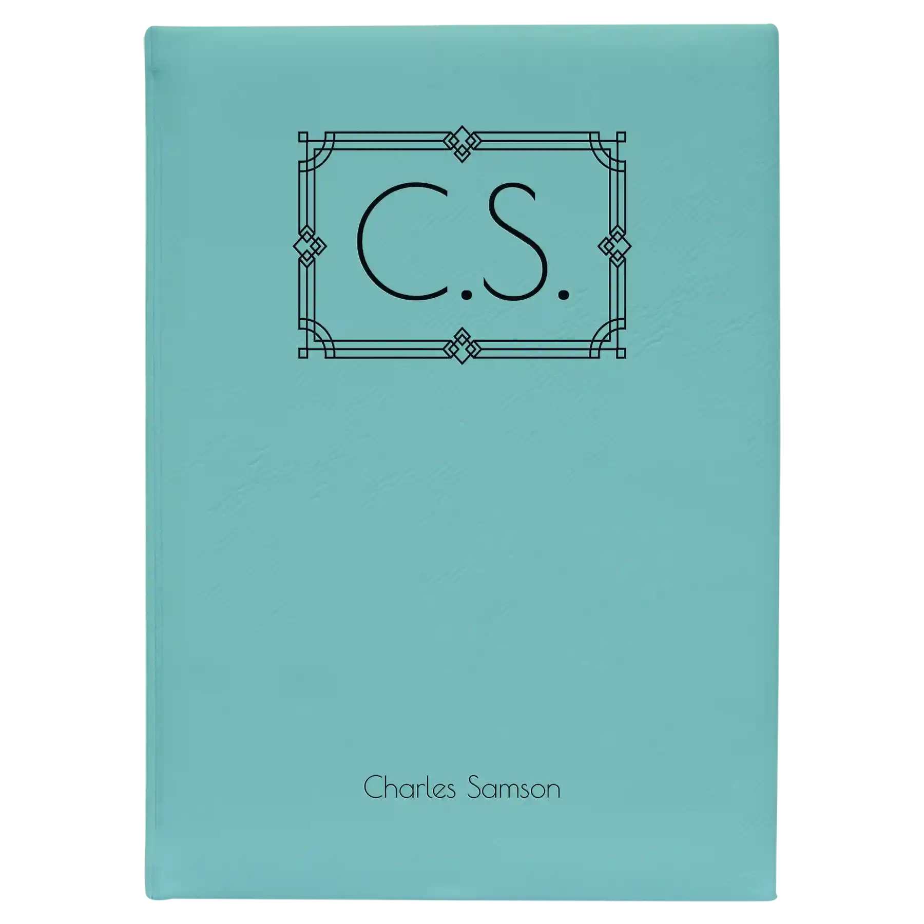 Large teal leatherette sketch book laser etched with 'Art Deco Initials' design