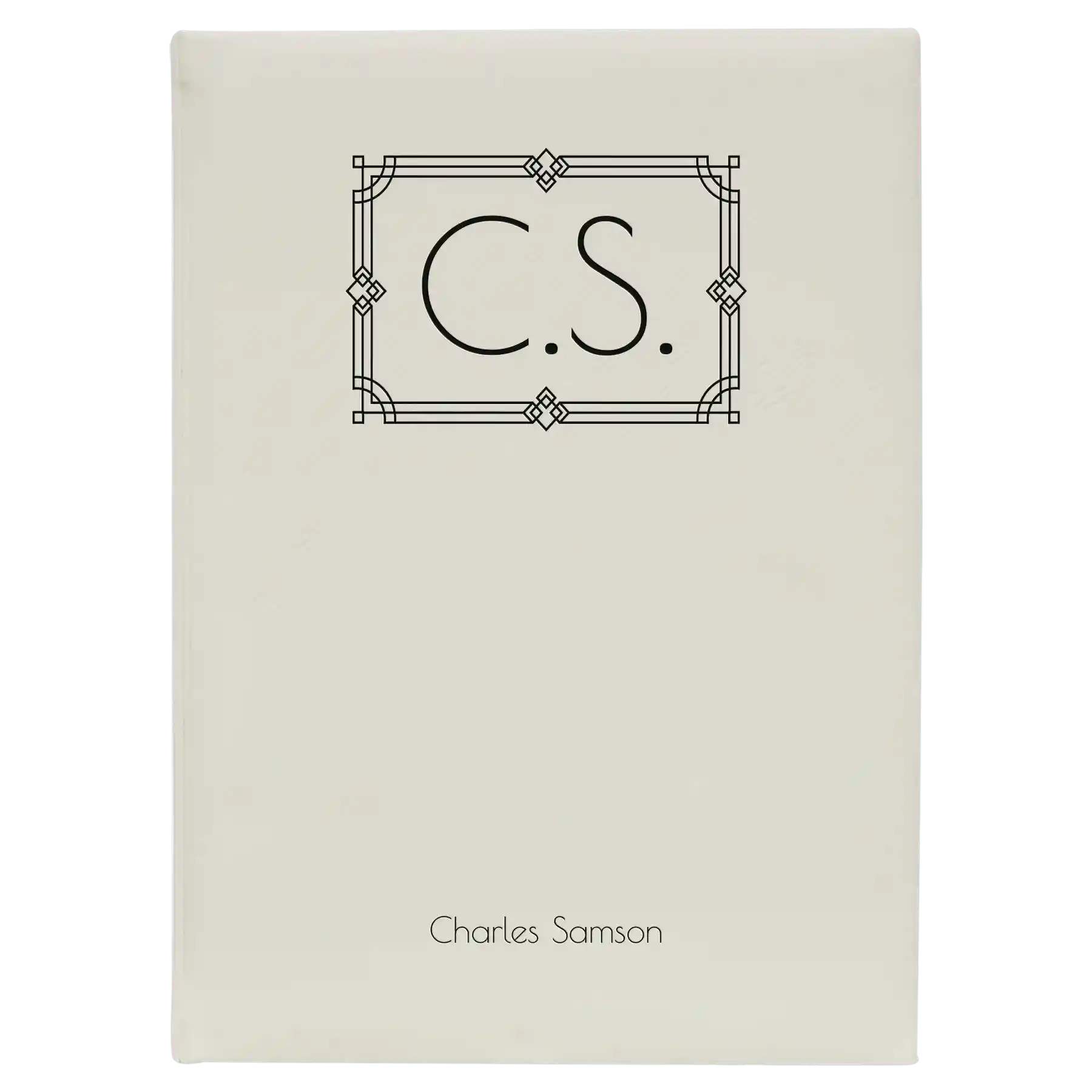 Large white leatherette journal laser etched with 'Art Deco Initials' design