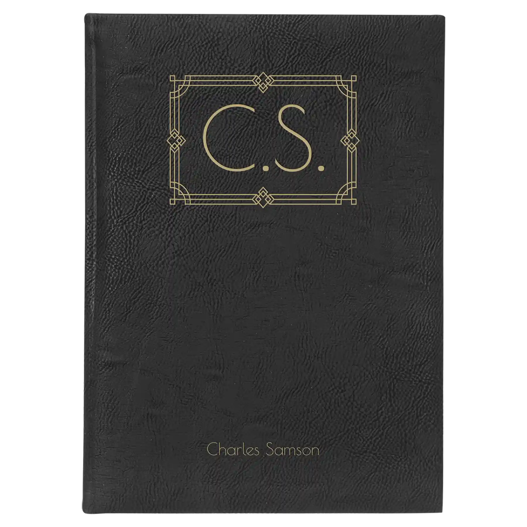 Large black/gold leatherette journal laser etched with 'Art Deco Initials' design