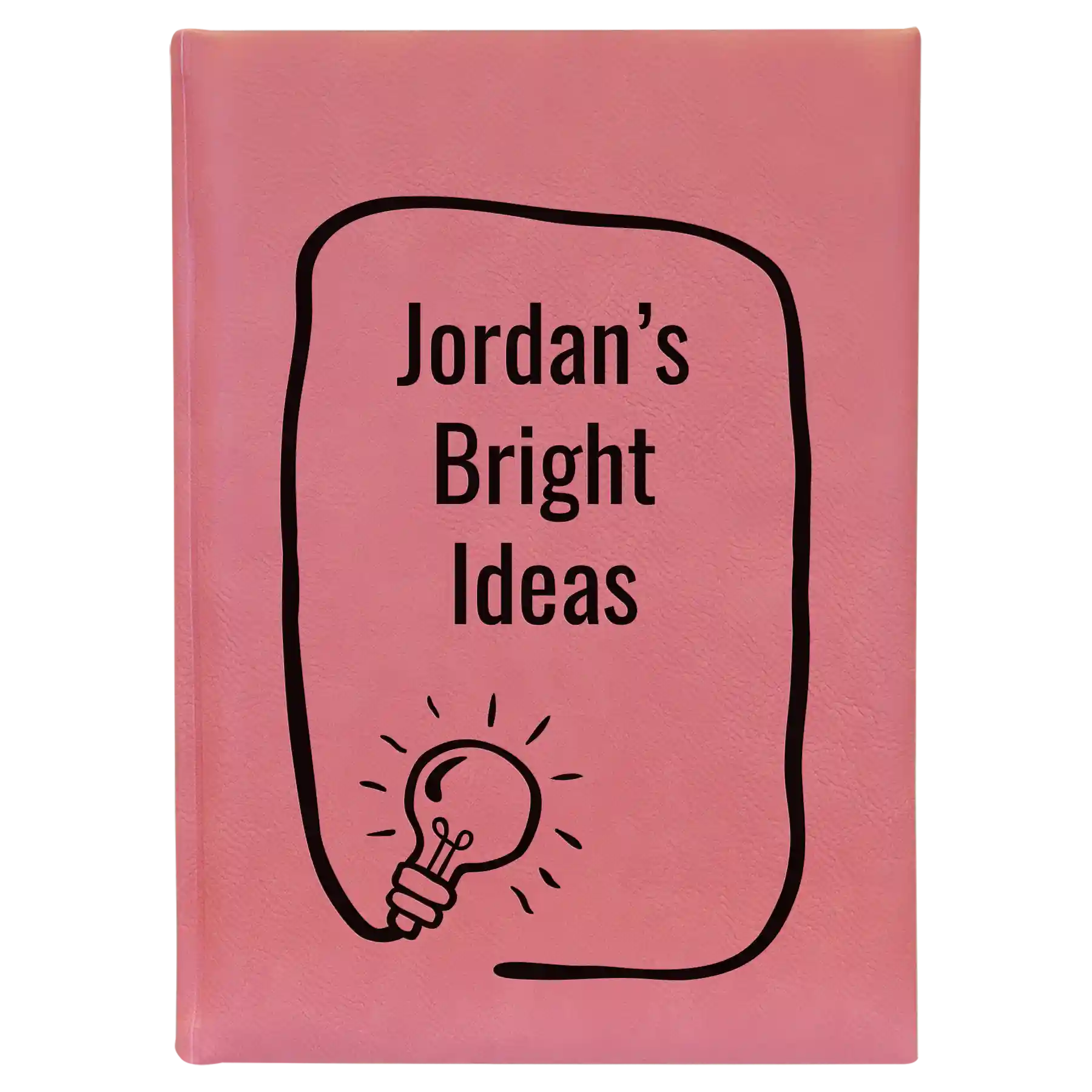 Large pink leatherette journal laser etched with 'Bright Ideas Journal' design