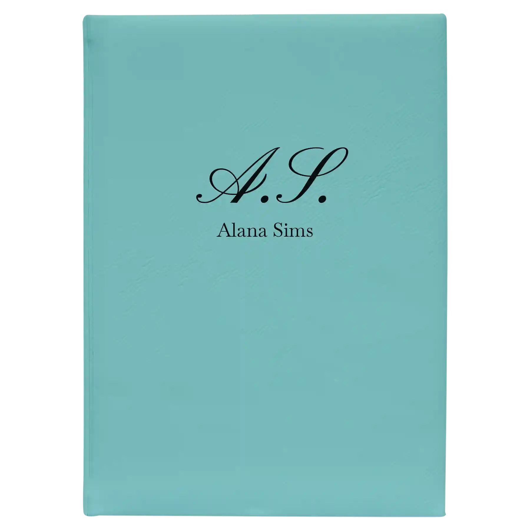 Large teal leatherette sketch book laser etched with 'Cursive Initial' design