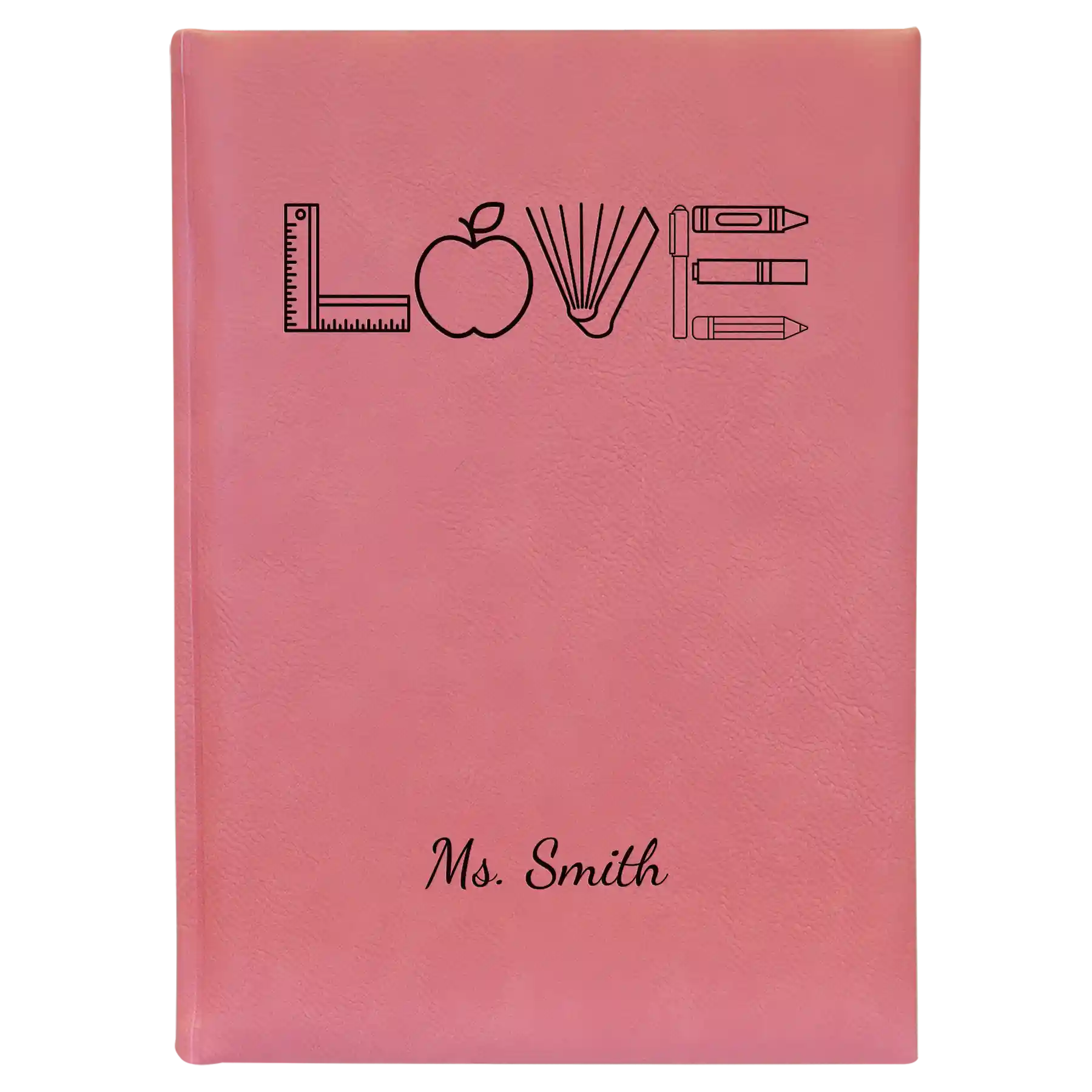 Large pink leatherette journal laser etched with 'Teacher Love' design